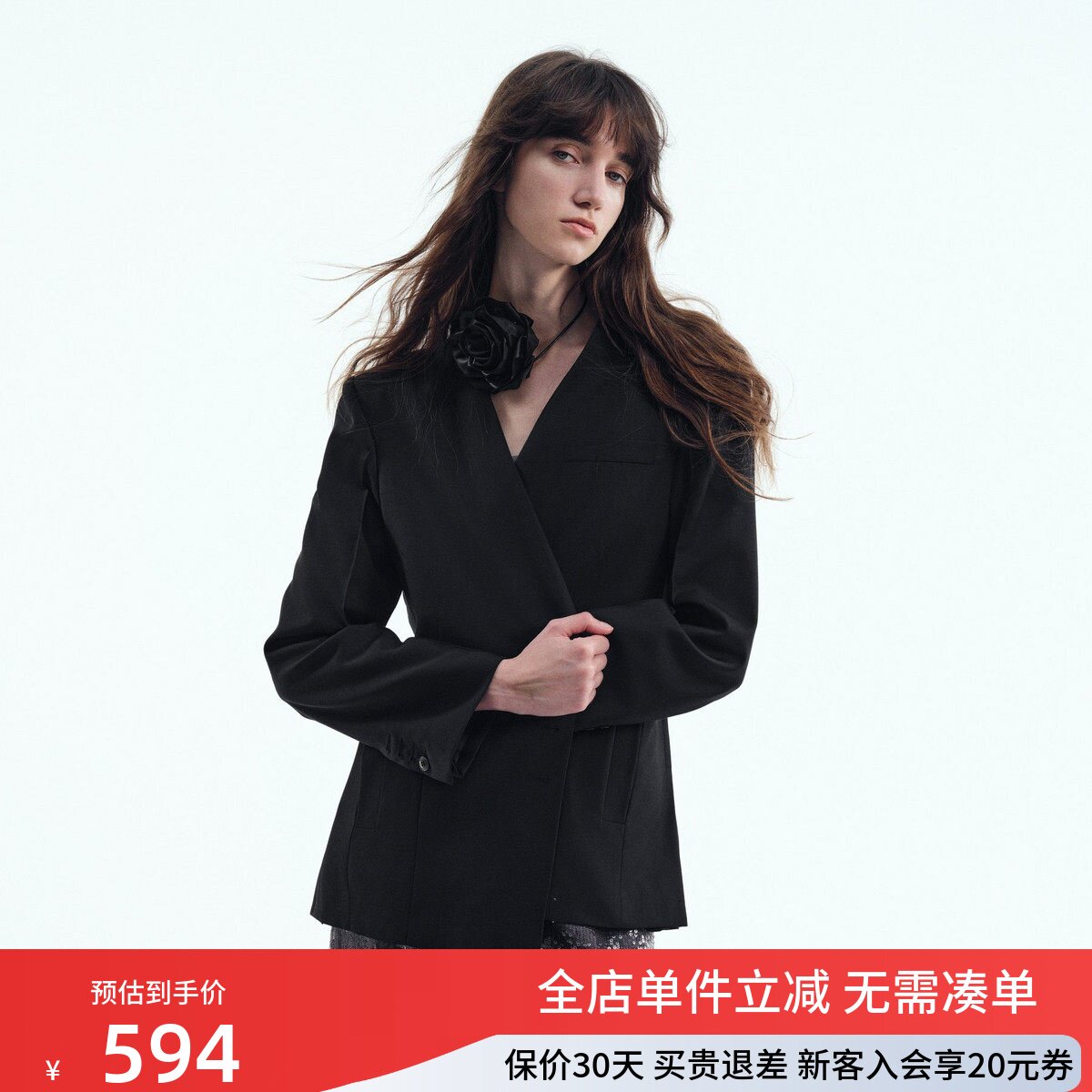 uti尤缇2025秋季新款 无领黑色西装外套女休闲外搭UK330707890