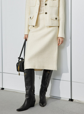 uti尤缇2024冬季新款优雅气质小香风白色中长半身裙女UJ420305051