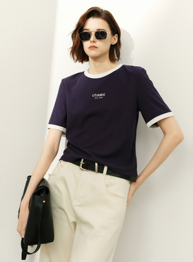 uti尤缇2026春季新款 撞色圆领短袖T恤女正肩显瘦上衣UM2D0188028