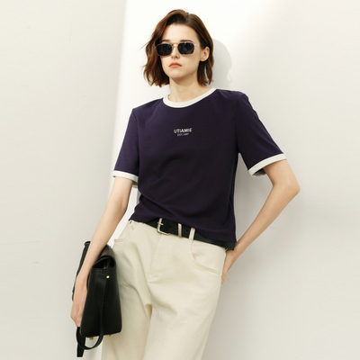 uti尤缇2026春季新款 撞色圆领短袖T恤女正肩显瘦上衣UM2D0188028