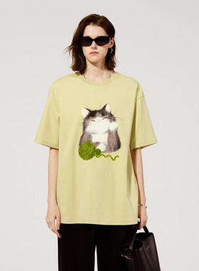 uti尤缇2025夏季新款 卡通印花休闲短袖T恤女落肩上衣UL2D0193342