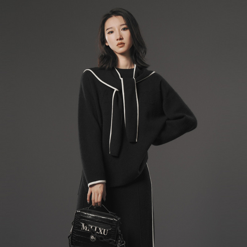 uti黑色羊驼毛披肩毛衣女