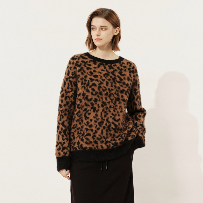 uti尤缇2025冬季新款 复古豹纹套头毛衫女休闲针织衫UL4D1192706