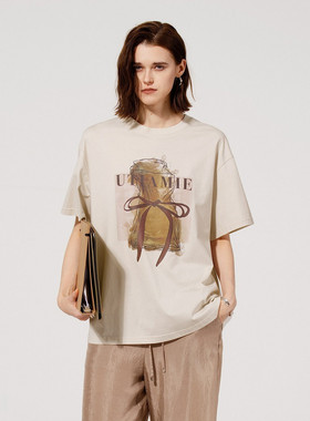 uti尤缇2025夏季新款 浅米色印花休闲短袖T恤女上衣UL2D0192860