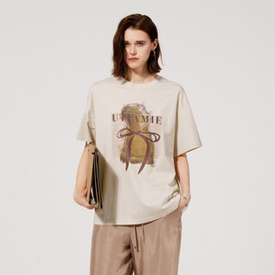 uti尤缇2025夏季新款 浅米色印花休闲短袖T恤女上衣UL2D0192860