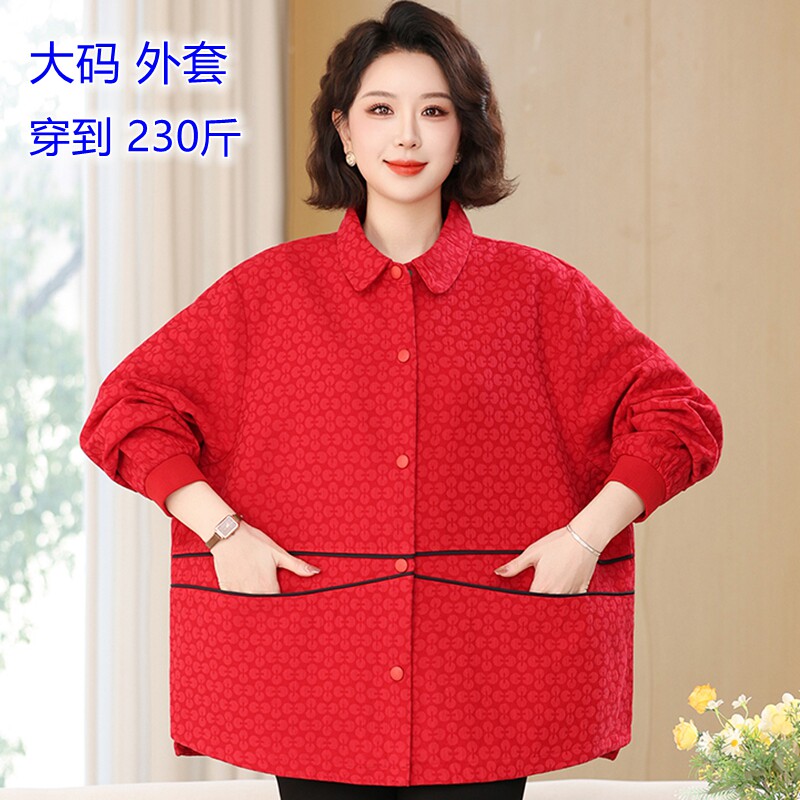 特体中老年女装红色翻领开衫外套大码宽松妈妈上衣200斤胖mm风衣