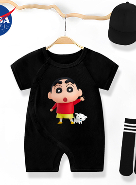 夏天潮牌黑色蜡笔小新动漫装婴儿服宝宝短袖哈衣爬爬服连体衣纯棉