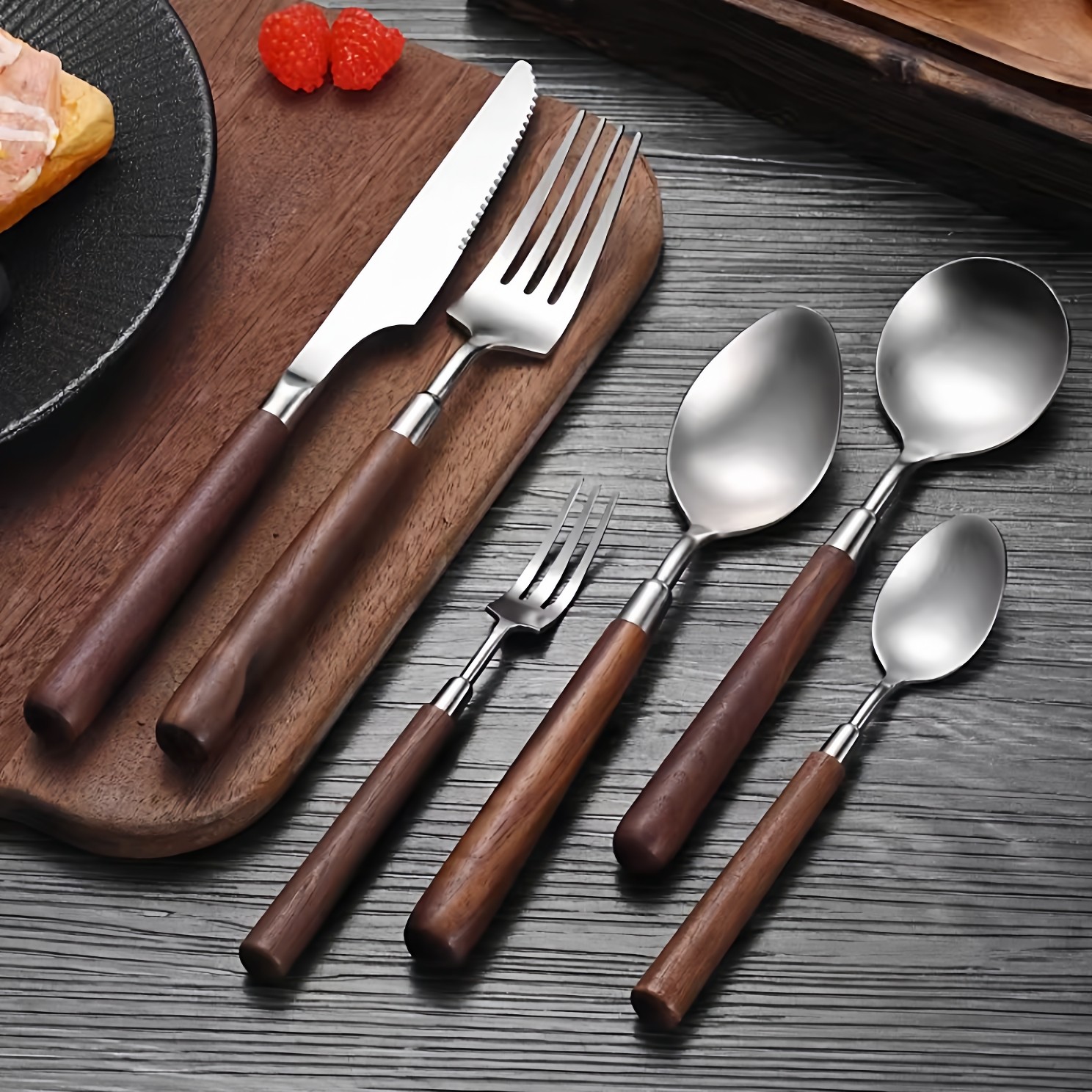 胡桃木柄304不锈钢刀叉勺日式餐具牛排刀叉砂光圆勺酒店勺子叉子,餐饮具,西餐餐具套装,淘宝优惠券,粉丝福利购,淘宝优惠卷