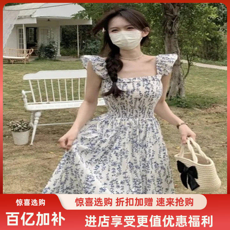 跨境小清新蓝色吊带碎花连衣裙