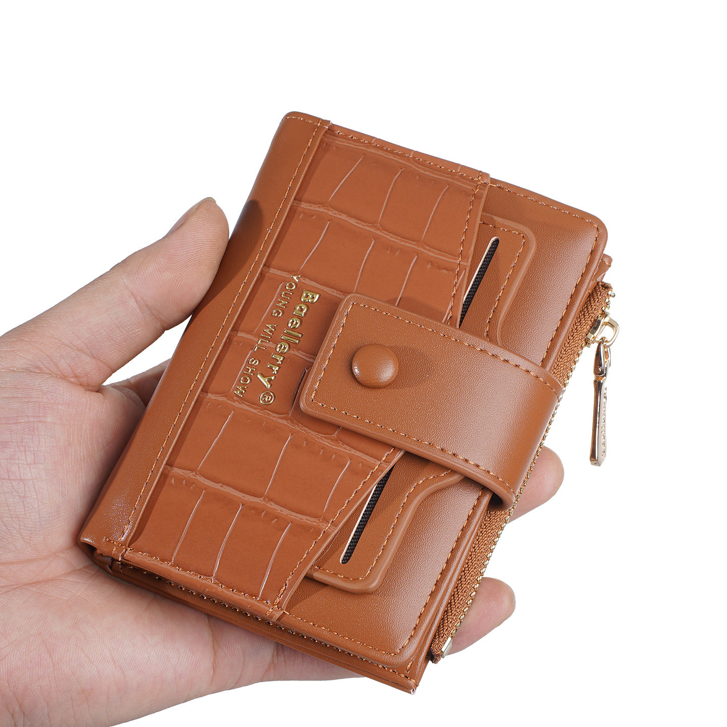 欧美石头纹卡包女士棕色竖款多卡位一体拉链搭扣钱包女青年大容量