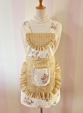 韩版时尚日系田园风格子黄色格子大花纯棉透气厨房花边围裙