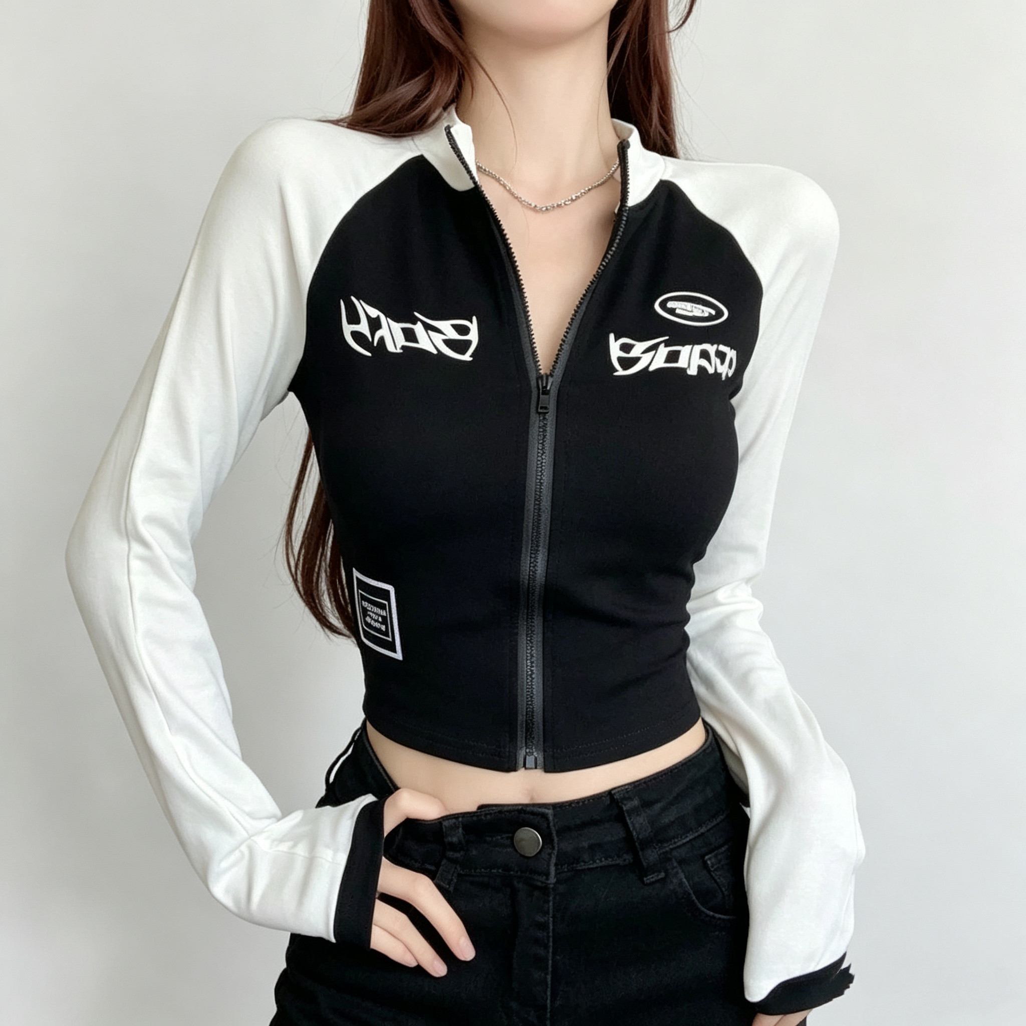 潮牌韩版机车半高领短款拉链外套女春秋新款辣妹紧身高腰长袖T恤