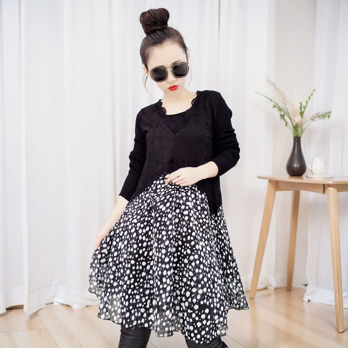 2025秋季v领遮肚连衣裙女鹿皮绒拼接宽松打底时尚印花裙套头A字裙,女装/女士精品,连衣裙,淘宝优惠券,粉丝福利购,淘宝优惠卷