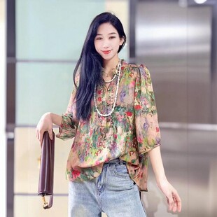 中式碎花雪纺衬衫女半袖宽松立领印花防晒上衣夏季薄款轻薄柔软潮