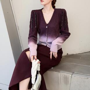 减龄修身显瘦渐变色针织开衫毛衣钉珠冬季百搭上衣设计感V领气质