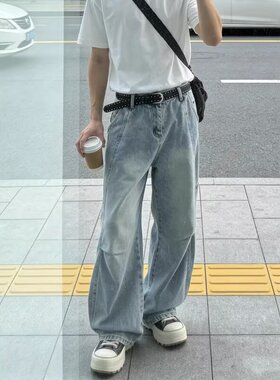 美式复古蓝弯刀牛仔裤男款夏季潮牌痞帅休闲宽松直筒男生阔腿裤子