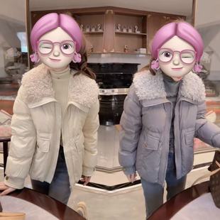 网红同款棉服女冬新款羊羔毛拼接翻领韩版时尚加厚保暖羽绒棉外套