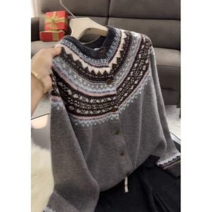 浣熊~北欧复古提花百搭针织开衫毛衣女~