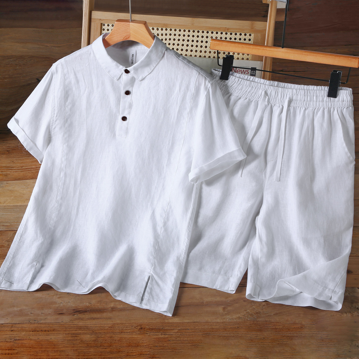纯亚麻白色短袖五分短裤套装夏天全麻布料POLO衫T恤一套衣服百搭t