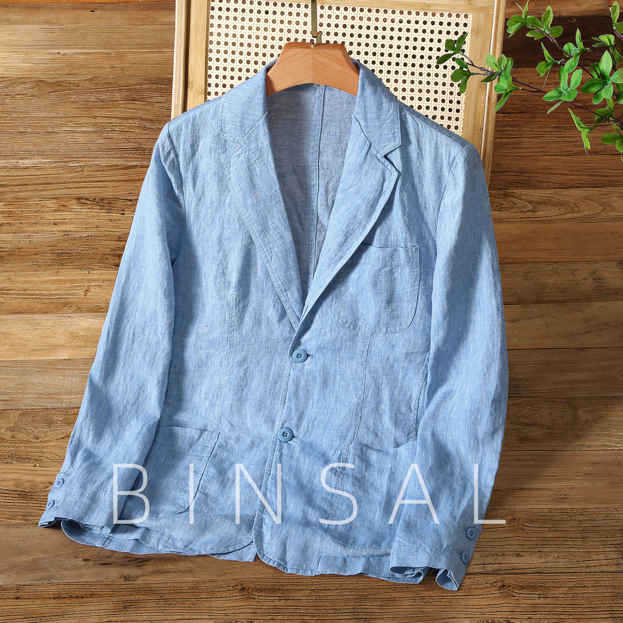进口色织布纯亚麻西服西装夹克开衫老钱风100%全麻单西便服外套男