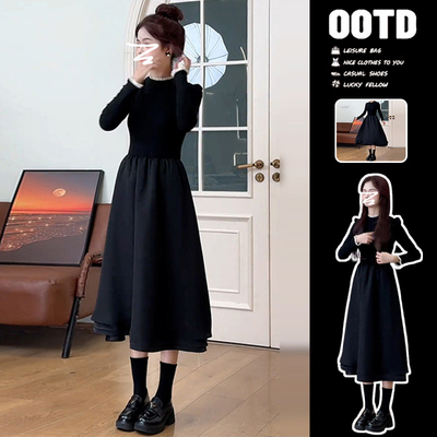 法式小个子黑色连衣裙女2025新款秋冬季高级感赫本风内搭长裙早秋