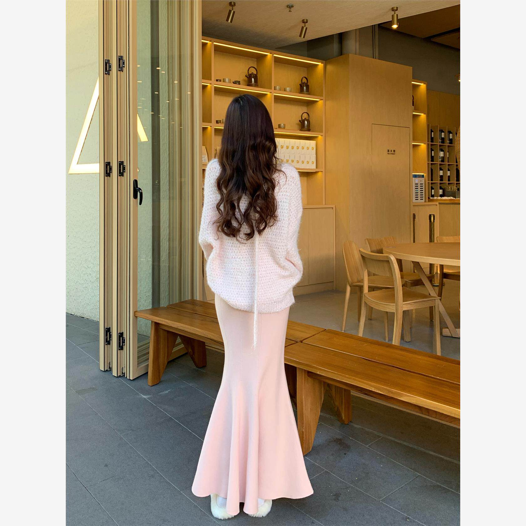 漂亮独特针织鱼尾裙女冬季高个子加长韩系温柔粉色修身包臀半身裙