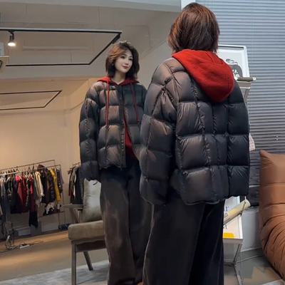 黑色泡芙羽绒棉服女款2025新款冬季短款韩系夹棉外套轻薄方格棉衣