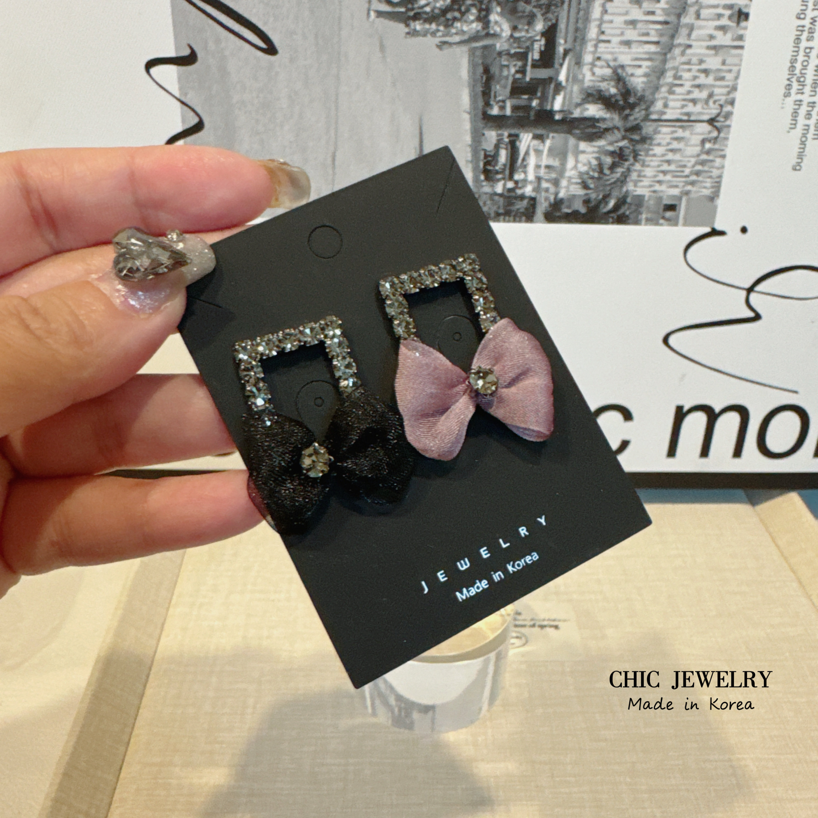 CHIC JEWELRY韩国原创设计师款闪闪水钻纱纱蝴蝶结高级感耳钉耳环
