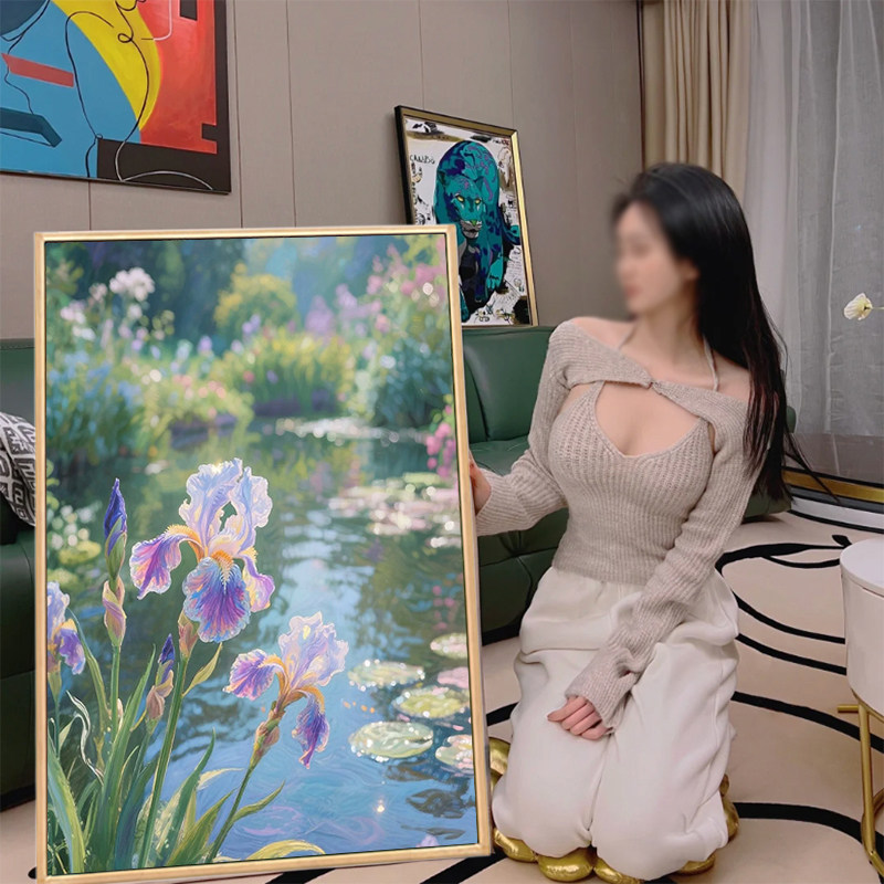 莫奈风荷塘边的鸢尾花2025新款5d钻石画印象风手工带框装饰十字绣