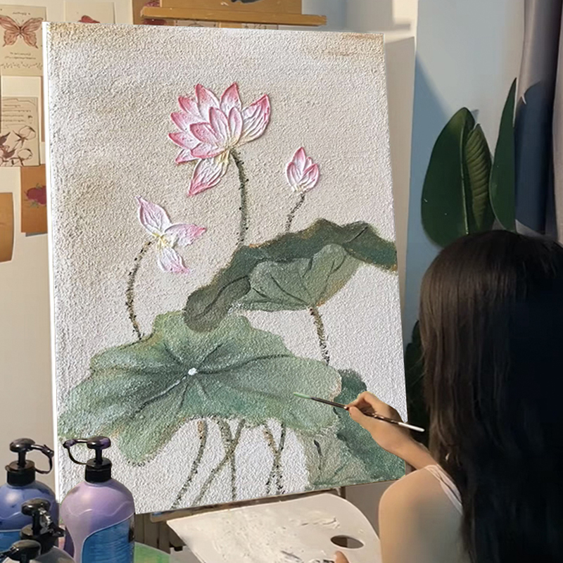 清新荷花石英砂肌理画diy材料全套数字油画立体高级花卉手绘装饰图片