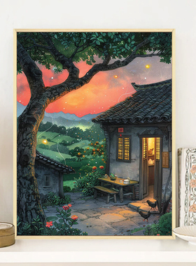 仲夏晚霞的老屋diy数字油画手工填充怀旧风景丙烯解压油彩画装饰
