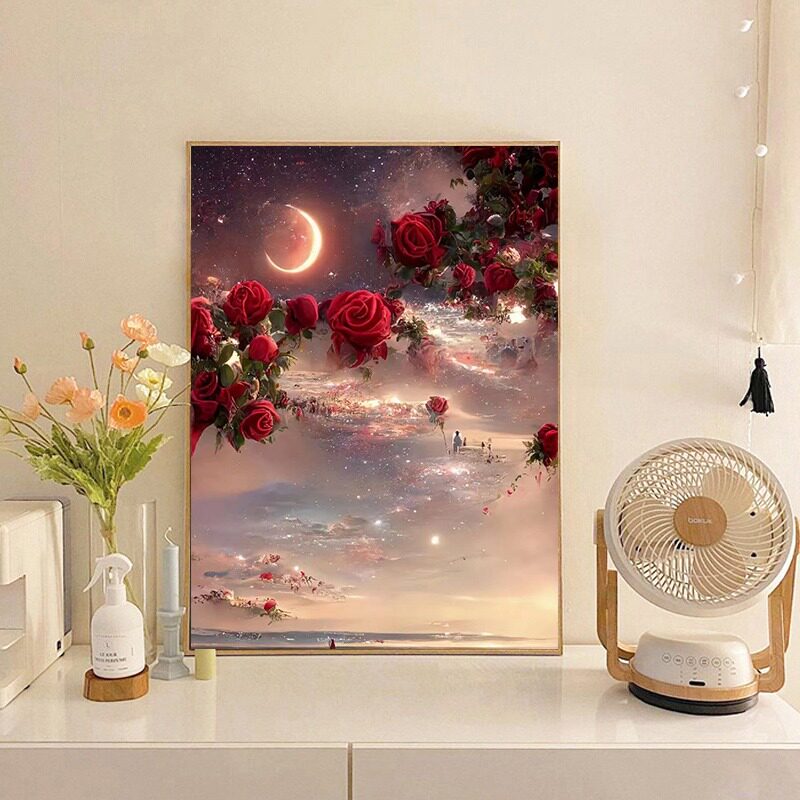 月下玫瑰ins风钻石画满钻卧室小件客厅奶油风点贴砖十字绣手工diy