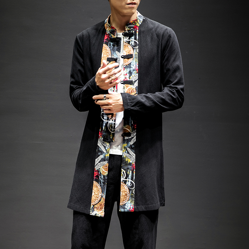 春秋季潮大码男装中长款衬衫长袖盘扣唐装寸衣6020-1/8819/，男装衬衫，电商B275