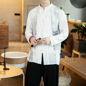 秋季民族服装长袖衬衫盘扣唐装假两件风衣男上衣6020-1/8825/P70