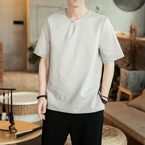 夏季风男装短袖T恤复古休闲汉服宽松棉麻衣6020-1-T9901,男装T恤,电商B275