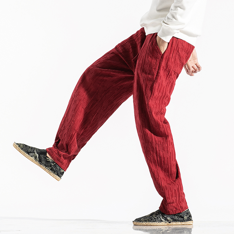 秋季大码阔腿裤男收脚裤潮流休闲提花哈伦棉麻裤6020-1//，男装休闲裤，电商B275