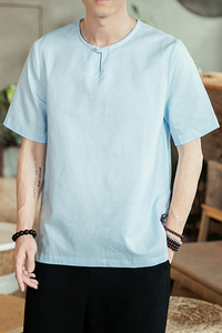 夏季风男装短袖T恤复古休闲汉服宽松棉麻衣6020-1-T9901