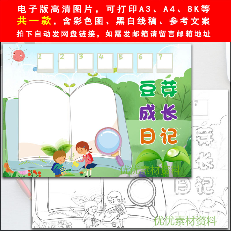 豆芽成长日记手抄小报模板植物成长观察日记自然科学实践儿童绘画