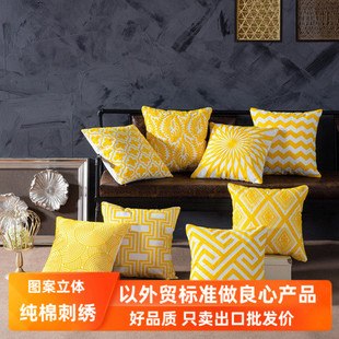 美式刺绣纯棉黄色抱枕套不含芯正方形北欧风沙发抱枕靠垫客厅靠枕