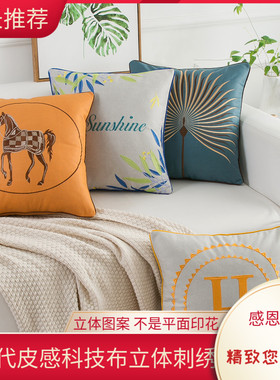 科技布橙色轻奢刺绣抱枕套不含芯正方北欧风沙发抱枕靠垫客厅靠枕