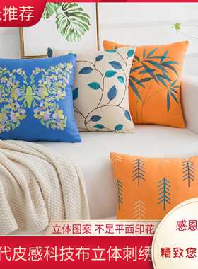 科技布橙色高端刺绣抱枕套美式方形现代北欧沙发抱枕靠垫客厅靠枕