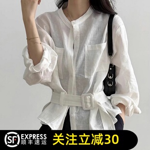 哥家官方2026夏季 女装 新款 衬衫 防晒衬衣 棉麻休闲系带长袖 正品