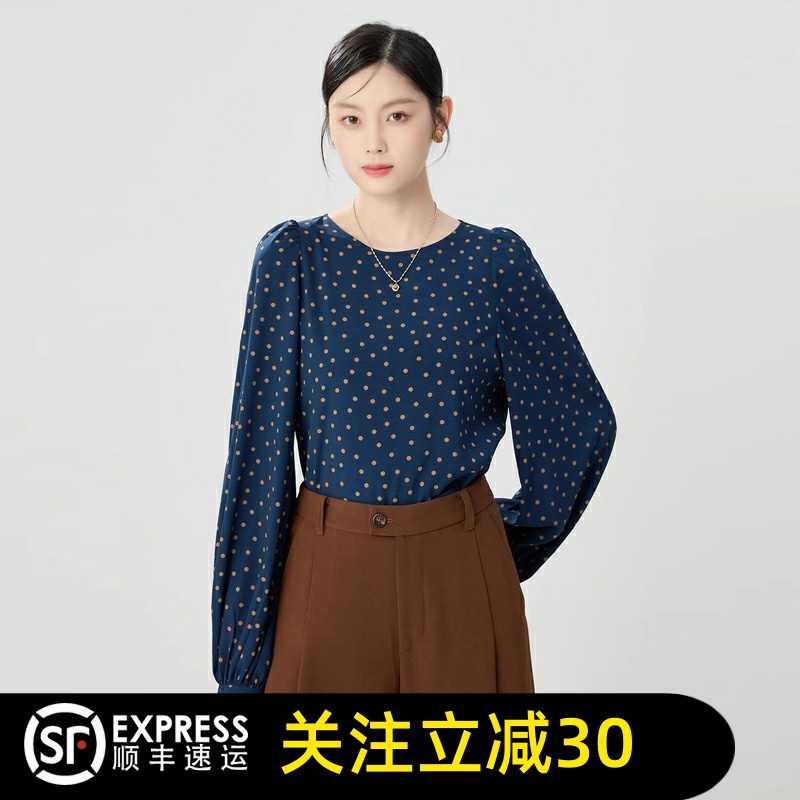哥弟清仓官方2025春秋新款圆领宽松百搭复古法式波点长袖衬衫女