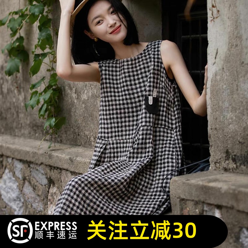 哥弟清仓官方2025夏季新款棉麻格子无袖连衣裙女宽松中长裙子