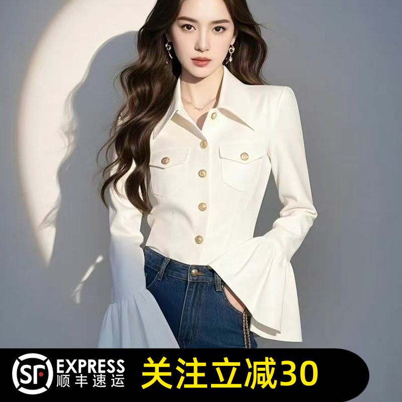 正品哥家2026春季新款气质翻领白色喇叭袖衬衫女洋气法式衬衣