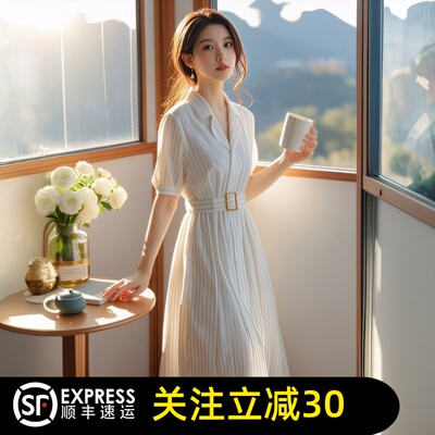 正品哥家2026夏季新款西装领收腰条纹短袖连衣裙女小个子裙子