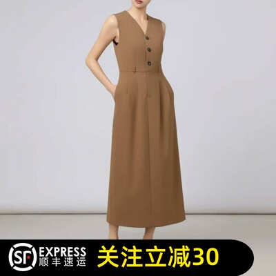 正品哥家2024春秋季新款装V领修身收腰无袖连衣裙复古中长裙