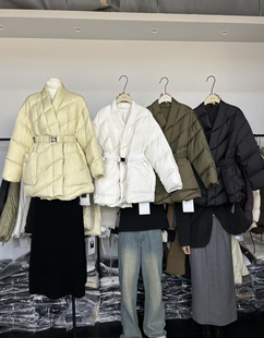 2024冬韩系简约V领系带收腰加厚保暖白鸭绒羽绒服外套中长设计感