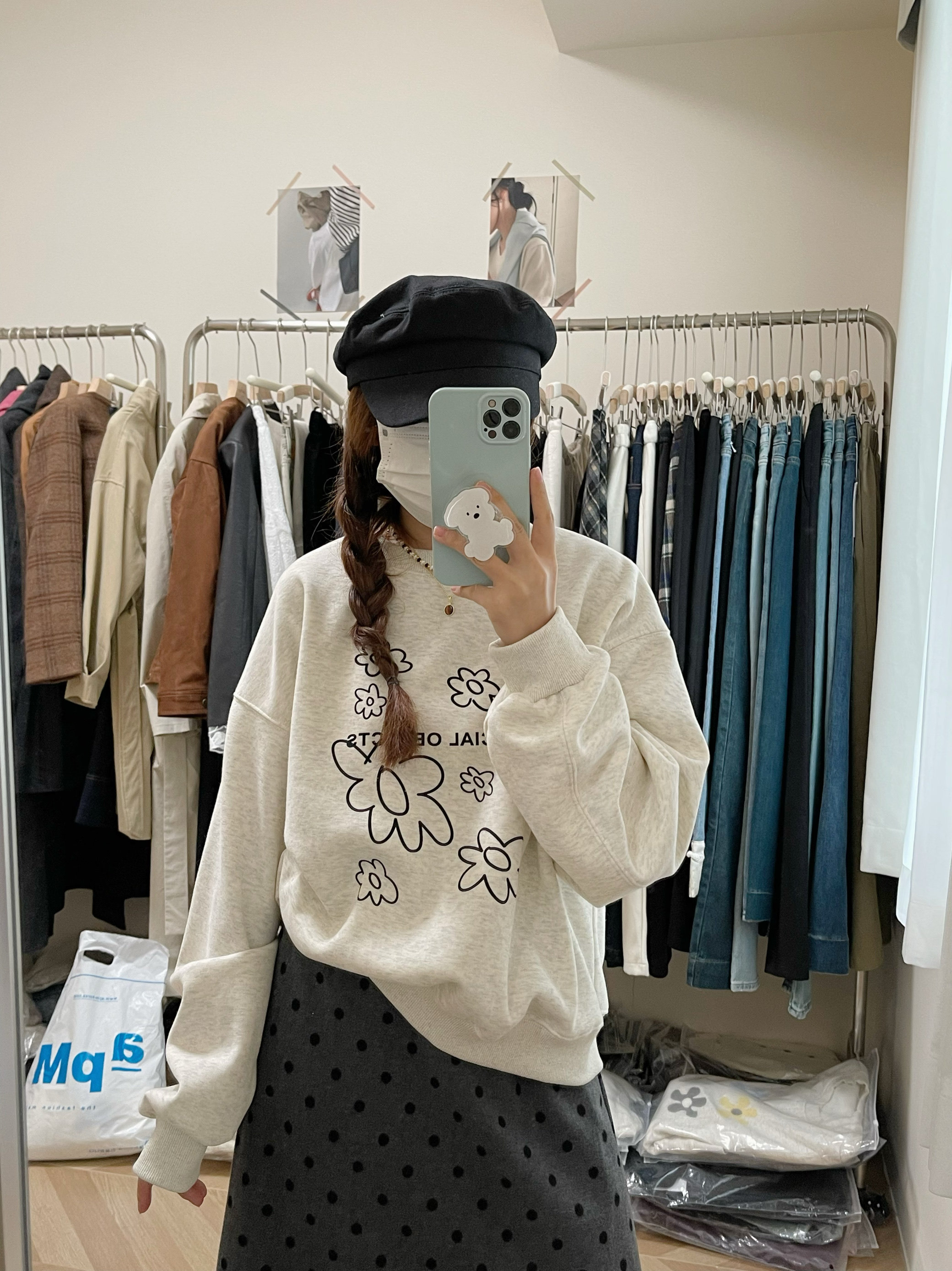 韩国精致手绘花朵女士加绒圆领长袖卫衣婴儿绒百搭上衣2024冬季