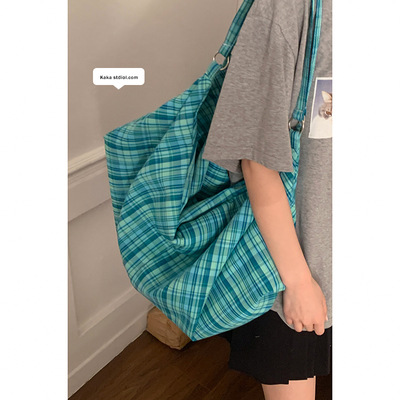 卡乐儿学院风格子帆布包托特包